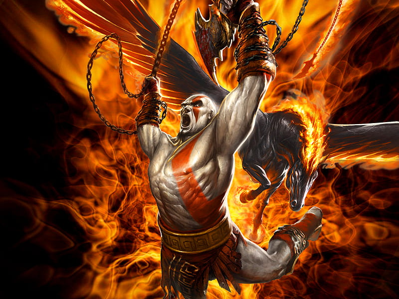 God of War, ps3, wings, explosion, chains, fire pegasus, fire, ps3 video games, pegasus, warrior, killer, jump, sword, leap, horse with wings, HD wallpaper