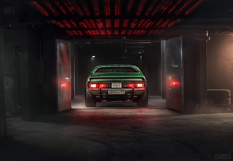 car, garage, tuning, green, rear view, HD wallpaper