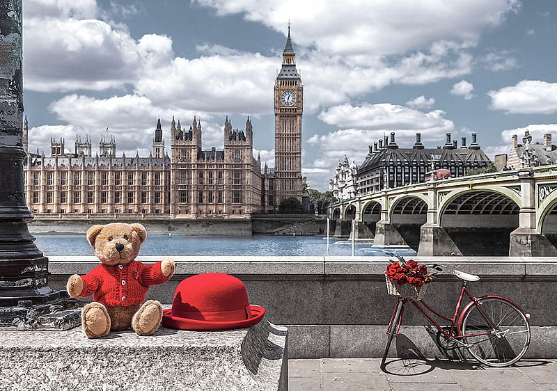 Little Journey to London, bridge, westminster, thames, teddybear, bicycle, river, hat, HD wallpaper