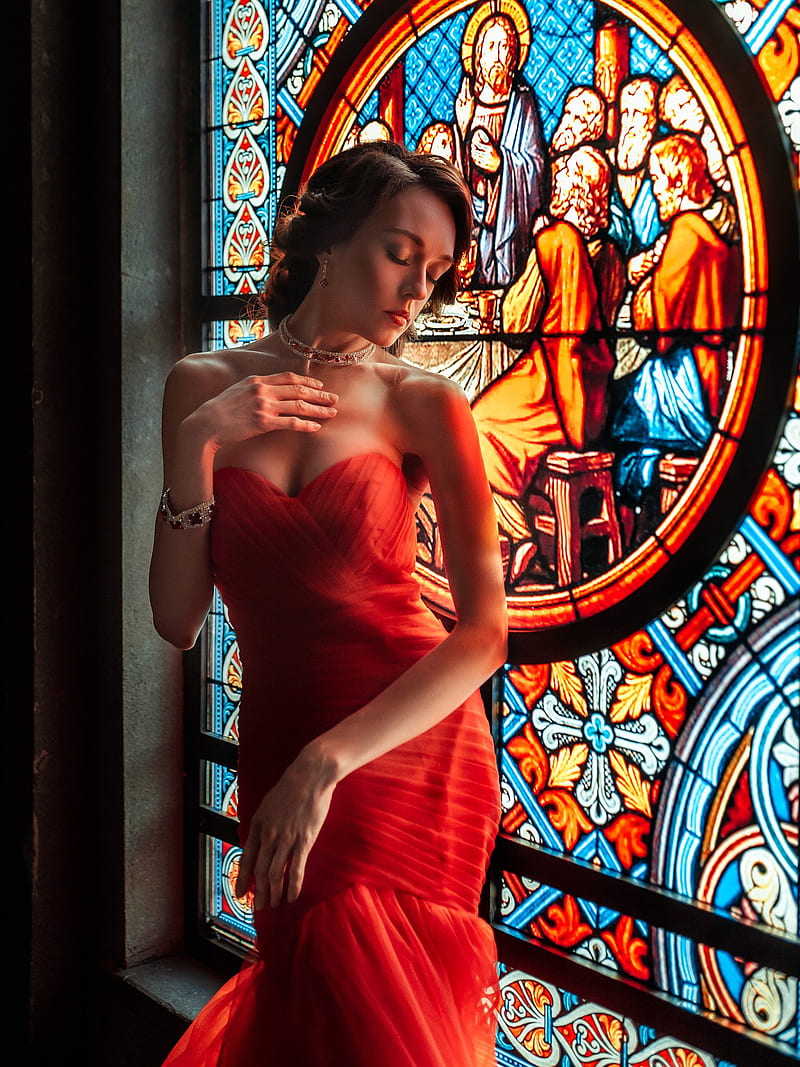 Evgeny Markalev, red dress, stained glass, women, model, closed eyes, HD phone wallpaper