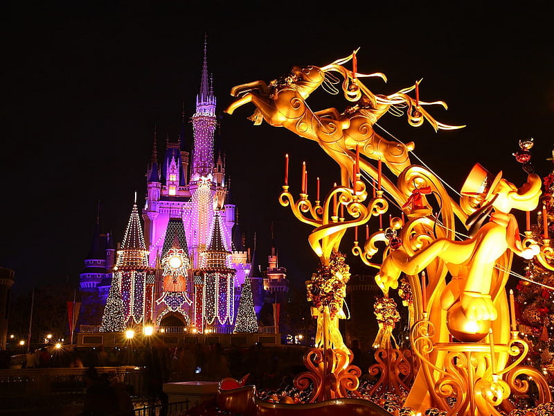 Disneyland, castle, Christmas, Walt Disney, Paris, France, Marne la Vale,  neon illumination, HD wallpaper