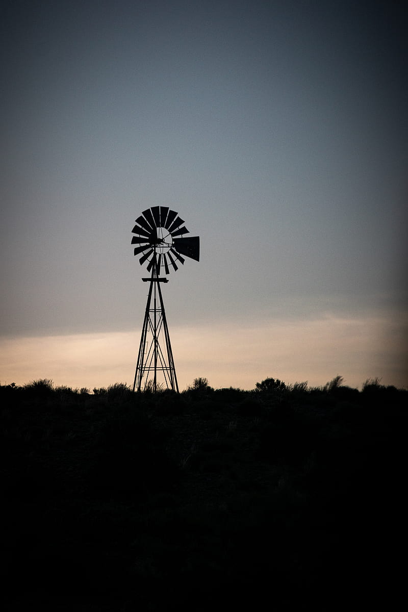 Windmill Sunset, black, eeuu, eolic, farm, molino, nature, viento, wind, HD phone wallpaper