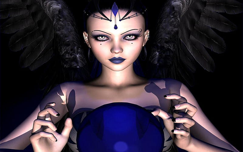 blue angel black wings, pretty, female, wings, cg, elf, angel, black, woman, goth, fantasy, skin, eyes, fairy, blue, HD wallpaper