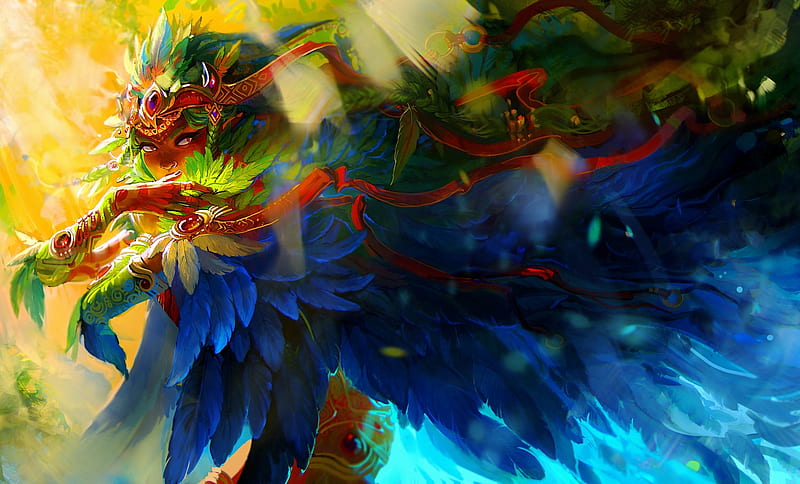 Angel, fantasy, luminos, girl, exellero, feather, blue, colorful, red, yellow, HD wallpaper