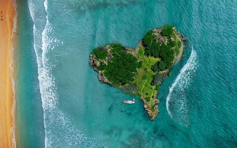 heart shaped island, ocean, coast, beach, beautiful island, romantic places, heart island, HD wallpaper