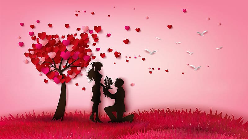 :), red, valentine, silhouette, love, couple, pink, tree, heart, origami, paper, HD wallpaper