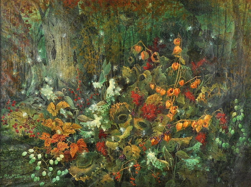 Flowers in Autumn, physalis, seed, sunflowers, artwork, HD wallpaper