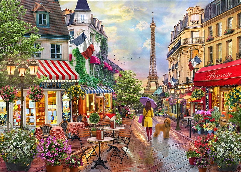Parisian Charm, flowers, paris, france, tower, shops, HD wallpaper