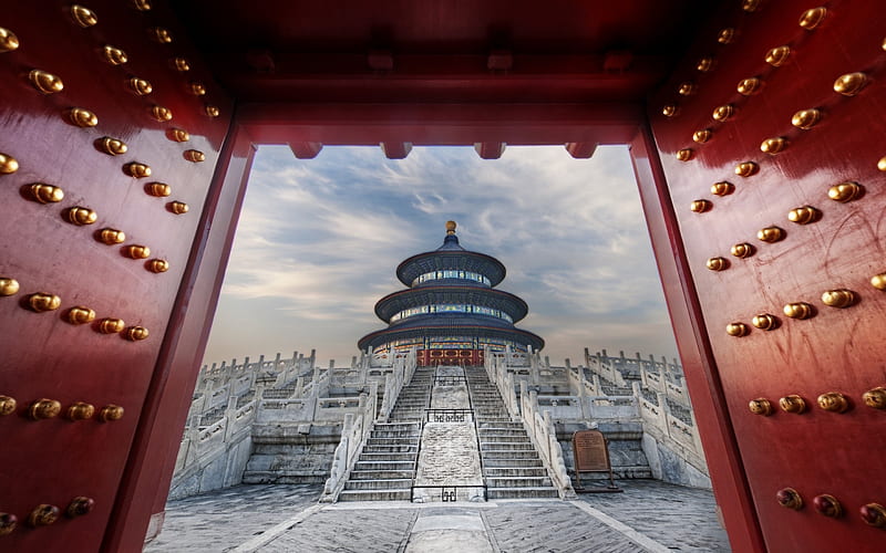 Temple of Heaven, red, china, gates, asian, stairs, castle, HD wallpaper