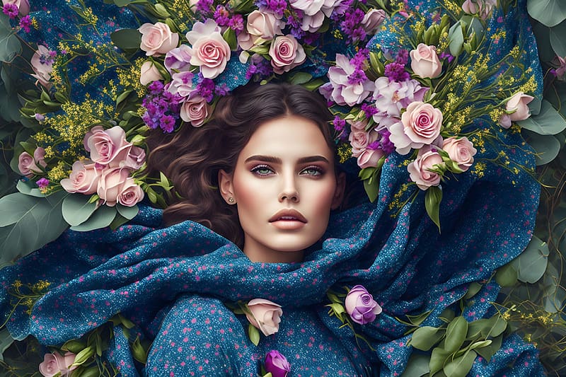 Flowers - pretty woman, woman, blue, roses, art, beautiful, beauty, pink, digital, abstract, fantasy, pretty, flowers, HD wallpaper
