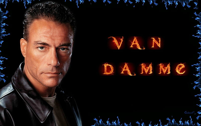 Jean-Claude Van Damme, orange, black, man, by cehenot, word, fire, flame, handsome, actor, blue, HD wallpaper