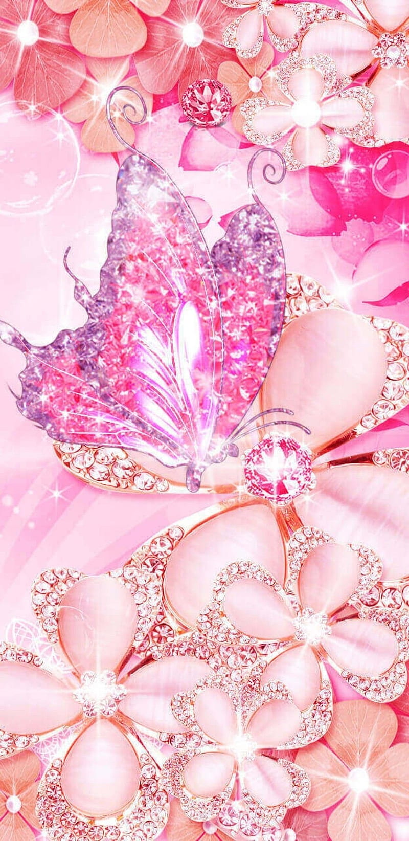 CrystalButterfly, butterfly, crystal, flowers, pink, pretty, HD phone wallpaper