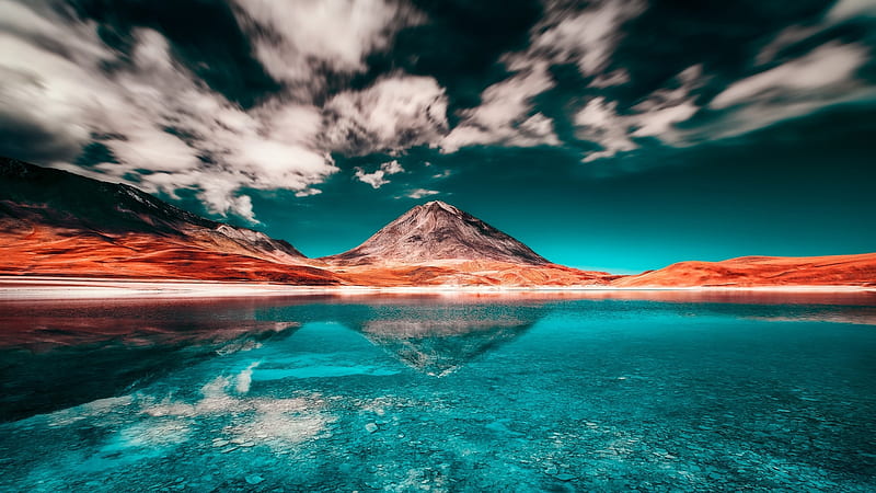 Licancabur Volcano, Andes, Chile, clouds, landscape, sky, lake, hills, HD wallpaper