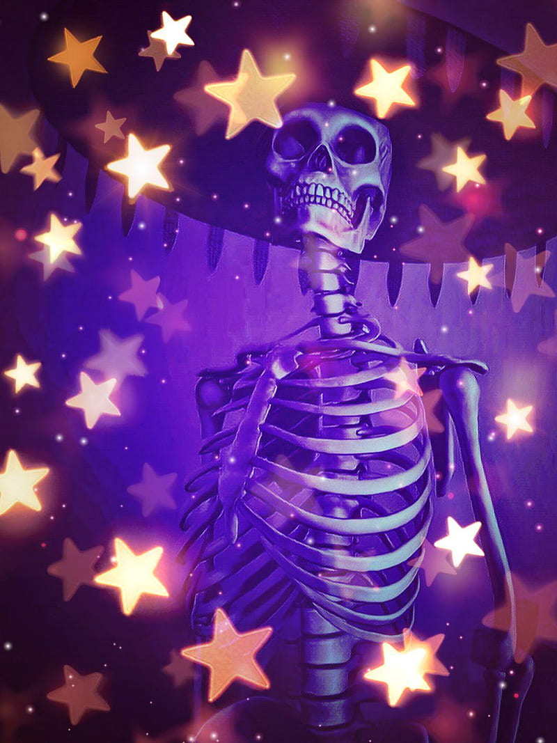 purple stars, skeleton, skull, HD phone wallpaper