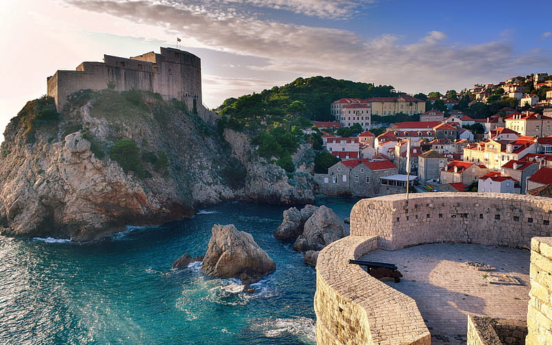 Dubrovnik, fortress, Croatia, bay, sunset, evening, coast, Adriatic Sea, Mediterranean Sea, resort, tourism, Dubrovnik cityscape, HD wallpaper