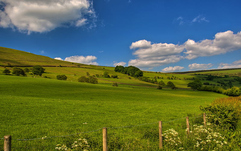 Beautiful England, fence, hills, nature, fields, clouds, sky, blue, HD ...