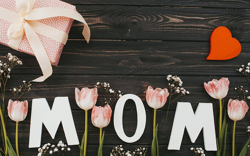 Happy Mothers Day, creative art, wooden boards, pink tulips, postcard to mother, HD wallpaper