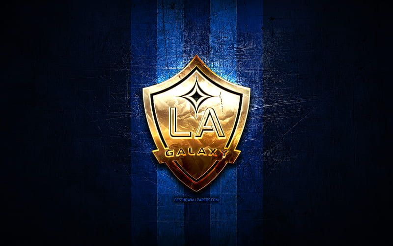 Los Angeles Galaxy FC, golden logo, MLS, blue metal background, american soccer club, Los Angeles Galaxy, United Soccer League, Los Angeles Galaxy logo, soccer, USA, LA Galaxy, HD wallpaper