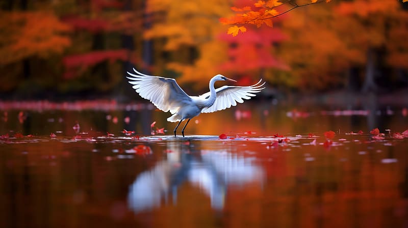 Wild bird in autumn, lake, park, pond, bokeh, wings, fall, flight, flying, beautiful, wild, reflection, autumn, swan, HD wallpaper