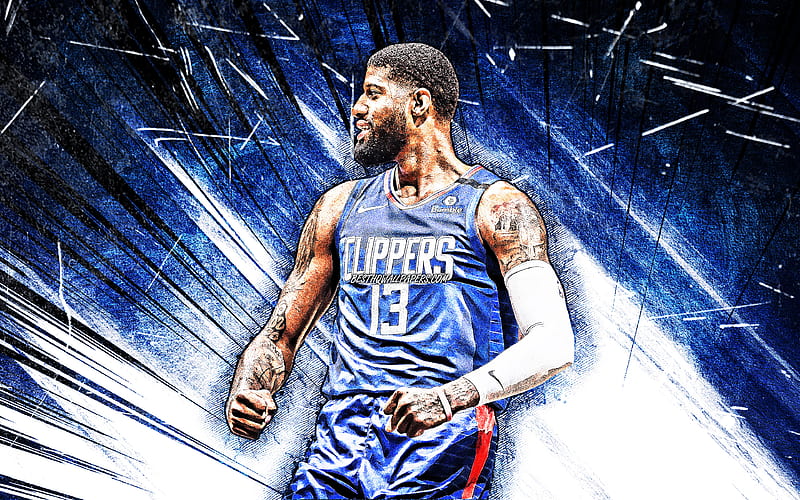 Paul George, grunge art, Los Angeles Clippers, NBA, basketball, blue  abstract rays, HD wallpaper