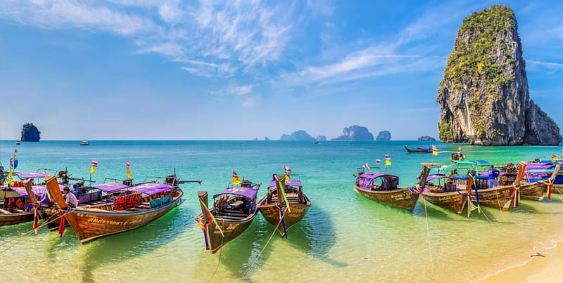 Phra Nang Beach, islands, Thailand, bonito, sea, beach, limestone rocks, boats, sand, tropical, HD wallpaper