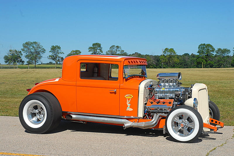 1931-Chrysler-Coupe, Side Pipes, Hotrod, Whitewalls, Orange, HD wallpaper