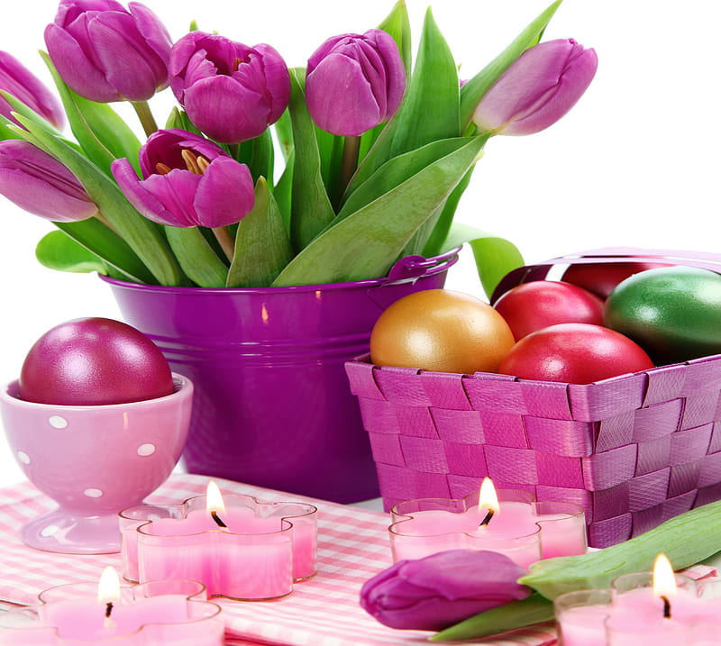 Easter, pretty, wonderful, yellow, box, bucket, flowers, beauty, tulips, bowl, candle, lovely, romance, happiness, golden, happy, purple tulips, purple, cup, happy easter, red, colorful, bonito, egg, still life, graphy, ball, green, pink, tulip, romantic, easter eggs, colors, spring, purple tulip, candles, bouquet, basket, eggs, flower, nature, HD wallpaper