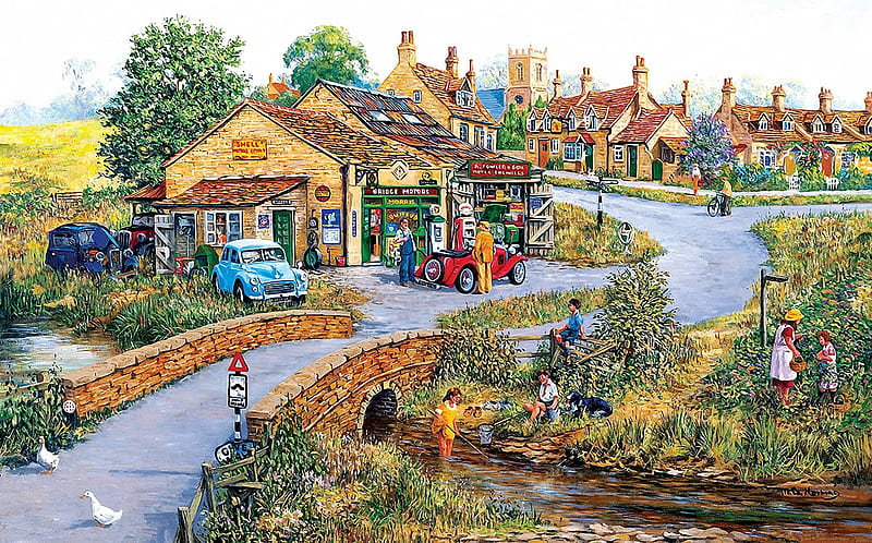 Bridge Motors, people, car, painting, village, river, road, artwork, fishing, HD wallpaper