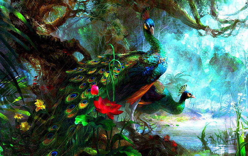 Peacocks, red, art, tail, peacock, hgjart, fantasy, water, green, bird, feather, flower, blue, HD wallpaper