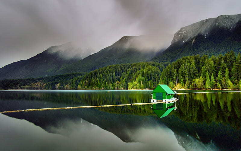 Floating Cabin, forest, woods, cabin, trees, sky, clouds, lake, water, splendor, mountains, peaceful, nature, reflection, landscape, canada, HD wallpaper