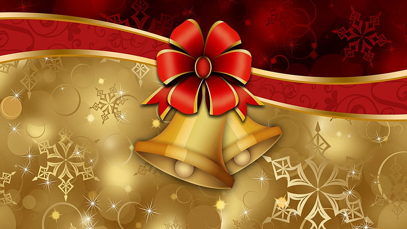 Golden Christmas Bell With Golden Red Snowflake Snowflake, HD wallpaper