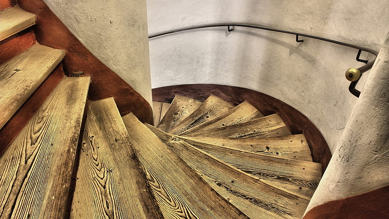 spiral staircase, stairs, rail, spiral, wood, HD wallpaper
