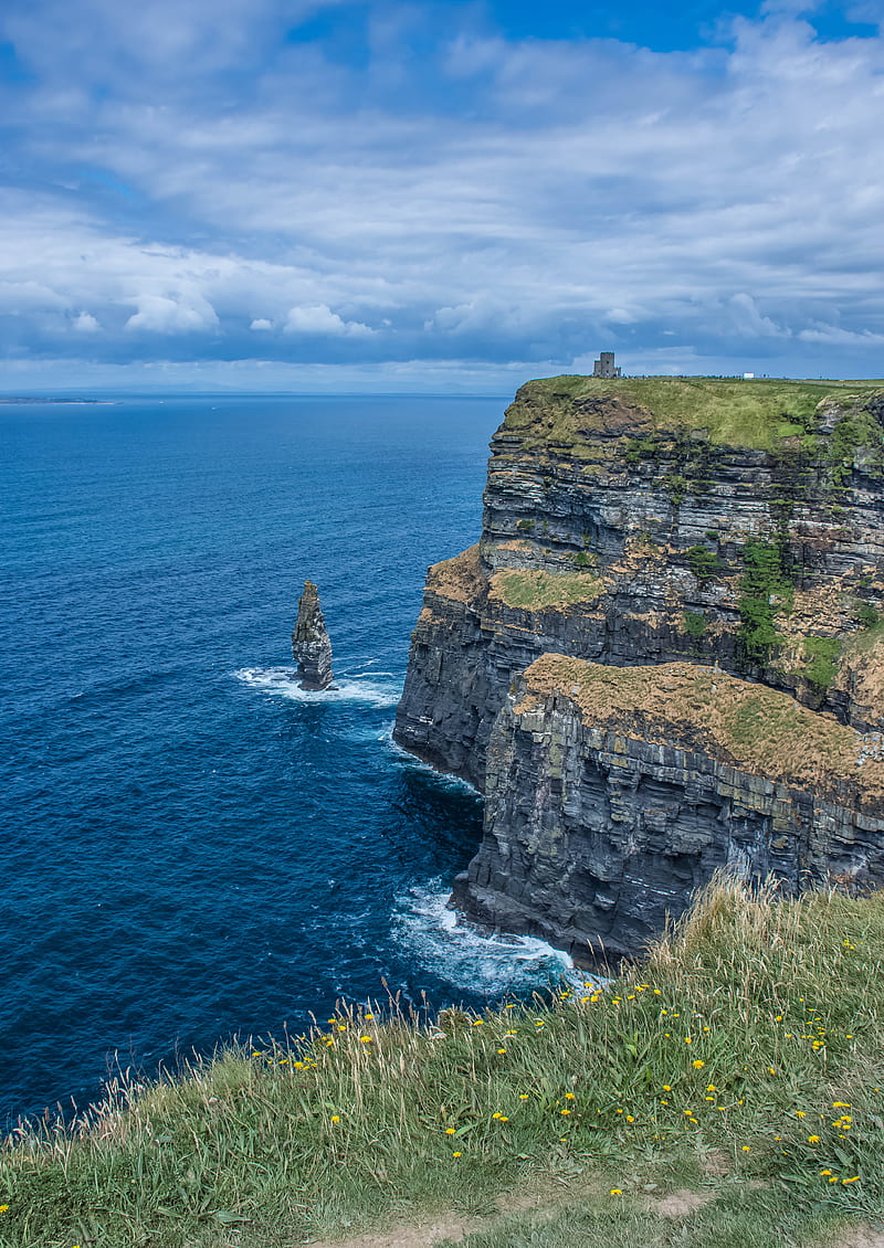 cliff, rock, sea, horizon, grass, HD phone wallpaper