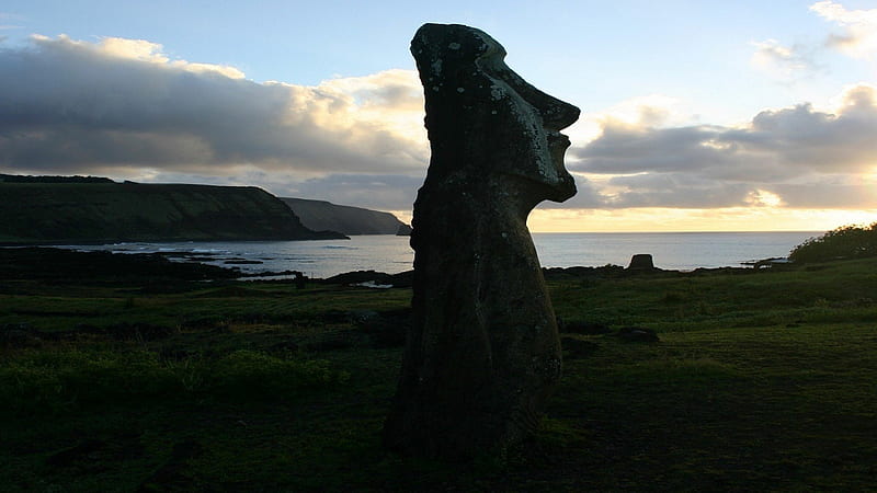 moai on easter island, sunset, island, statue, sea, HD wallpaper