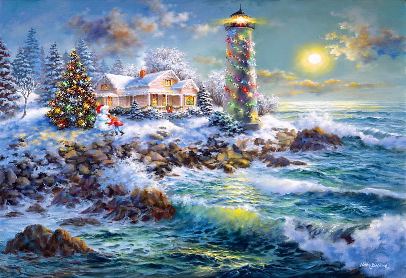 Sea Christmas, pretty, shore, sun, cabin, clouds, lights, nice, village, lovely, christmas, houses, ocean, decoration, new year, waves, sky, mood, lighthouse, winter, water, snow, rays, refelction, rough, colorful, glow, cottages, bonito, sea, cold, painting, snowman, tree, HD wallpaper