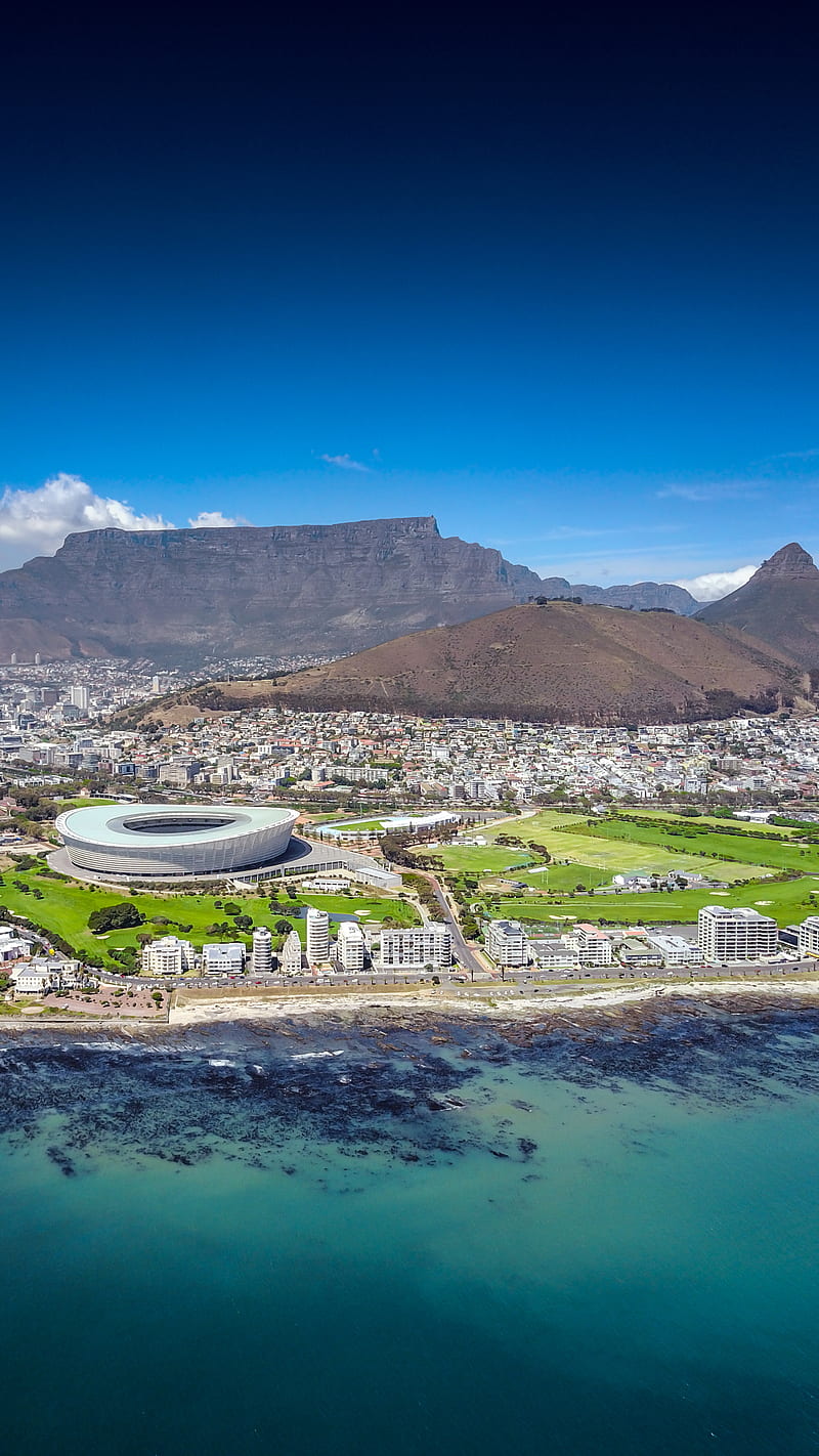 Cape Town, drone, greenpoint, ocean, south africa, stadium, tabel mountain, HD phone wallpaper