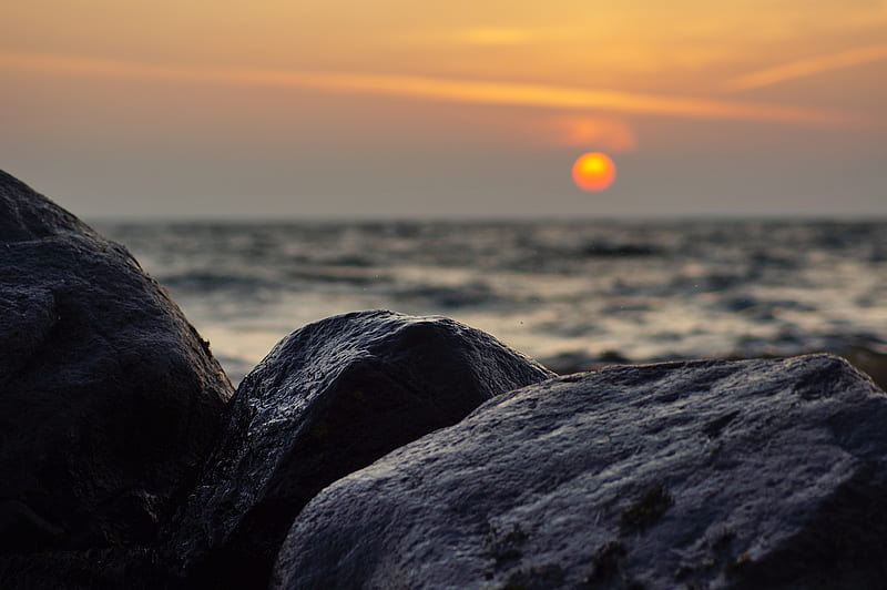 sunset, rocks, stones, sea, blur, HD wallpaper