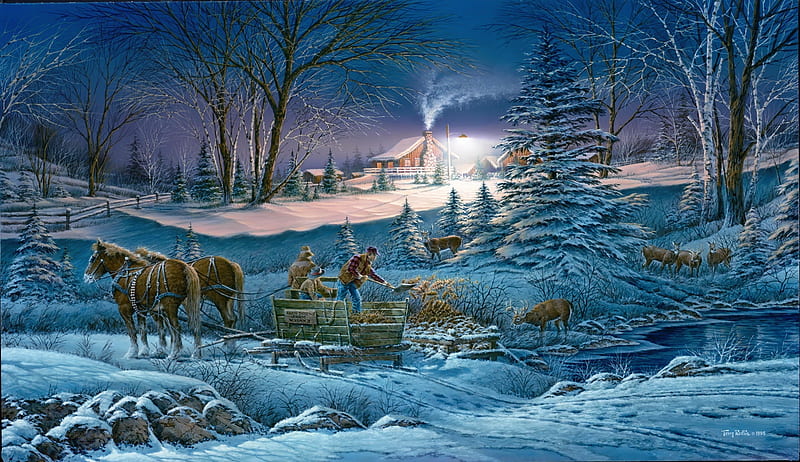Helping hand, help, dusk, bonito, cold, countryside, painting, village, deers, frost, art, holiday, houses, horses, winter, tree, snow, peaceful, landscape, HD wallpaper
