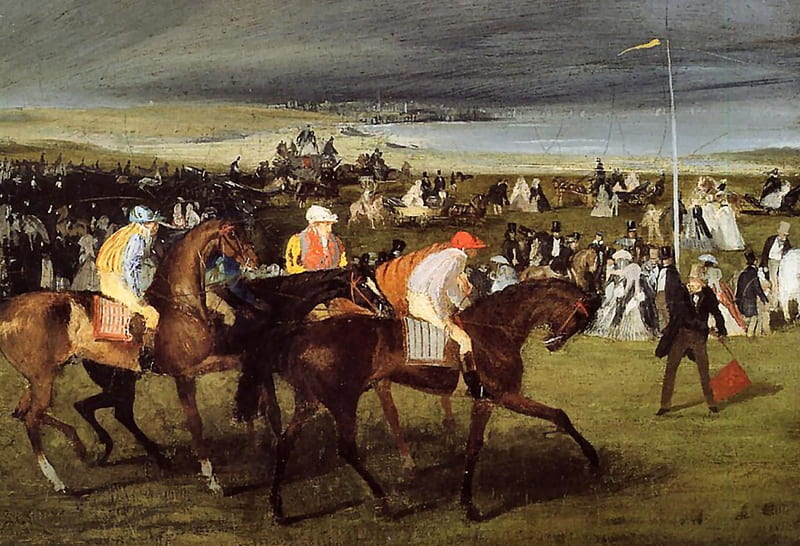 At the Start of the Race, art, old master, Edgar Degas, thoroughbred, Degas, racing, equine, bonito, horse, artwork, animal, track, painting, wide screen, thorobred, oldmaster, HD wallpaper
