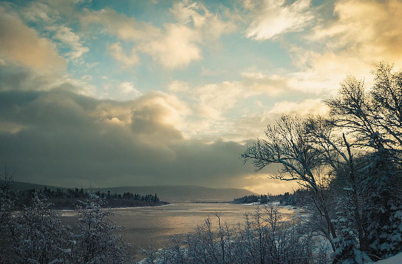 Newfoundland in Winter, sky, trees, snow, hills, river, clouds, HD wallpaper