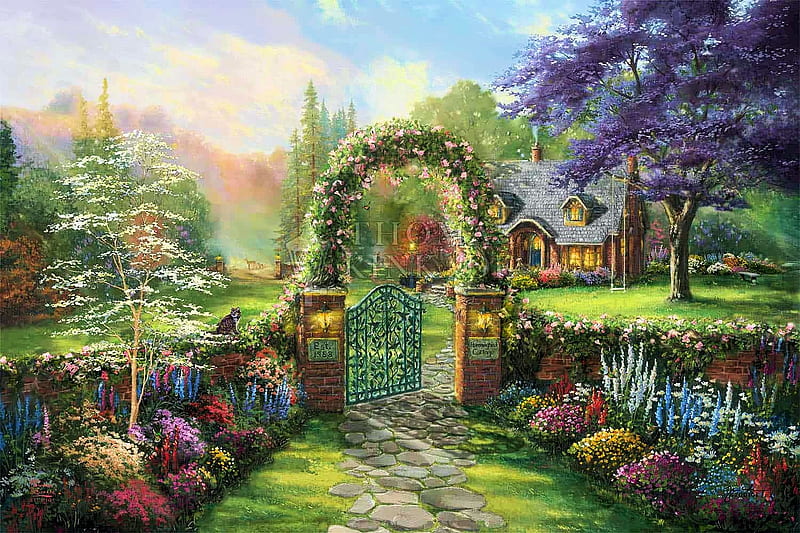 Hummingbird Cottage - Thomas Kinkade Studios, house, painting, summer, flowers, garden, birds, artwork, HD wallpaper