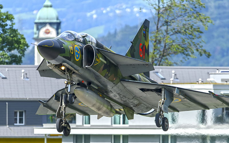 Saab 37 Viggen, Swedish fighter, Swedish Air Force, fighter taking off, AJS 37, Saab, Swedish Armed Forces, HD wallpaper