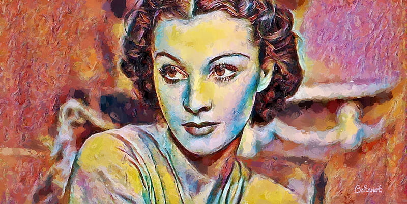 Vivien Leigh, art, brown, yellow, by cehenot, cehenot, girl, actress, painting, portrait, pictura, pink, blue, HD wallpaper