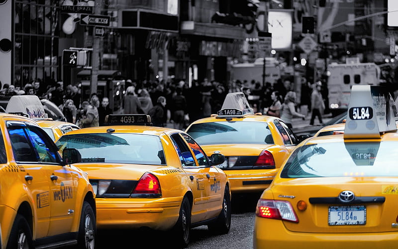Cabs, new york, traffic, transport, yellow, abstract, graphy, bw, taxi, road, street, HD wallpaper