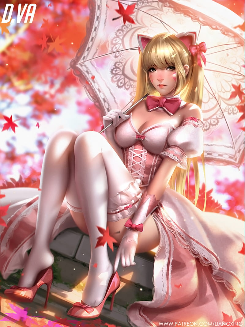 Liang Xing, drawing, women, Overwatch, D.Va (Overwatch), blonde, long hair, straight hair, pigtails, looking at viewer, face paint, dress, white clothing, leaves, fall, thigh high socks, shoes, ribbon, high heels, umbrella, HD phone wallpaper