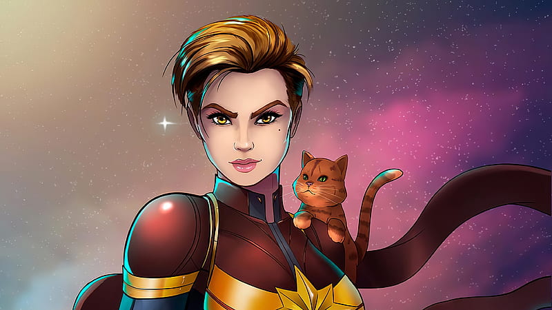 Captain Marvel With Cat , captain-marvel, superheroes, artist, artwork, digital-art, HD wallpaper