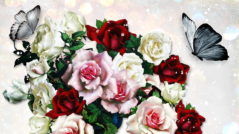 Roses and Silver Butterflies, bouquet, summer, flowers, garden, spring, butterflies, roses, floral, HD wallpaper