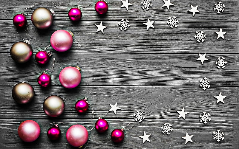 Christmas decoration, purple balls, stars, Happy New year, wooden background, Xmas decoration, Christmas, Merry Christmas, HD wallpaper