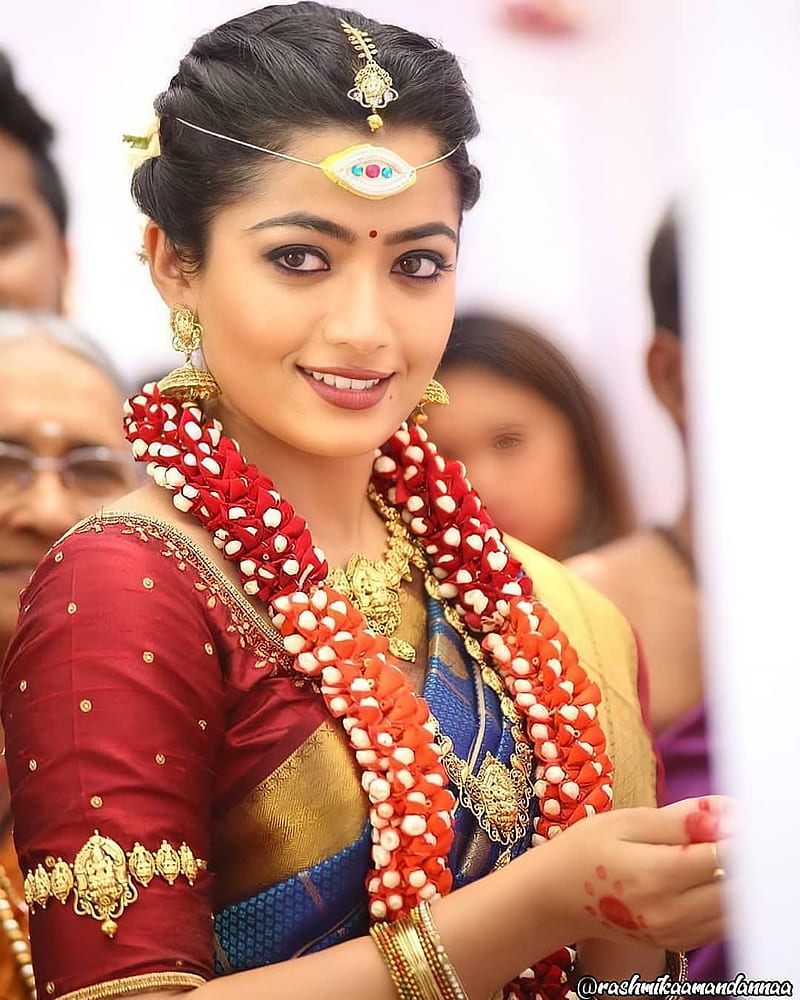 Rashmika mandana, actress, bridal, cute, girl, kannada, smile, tollywood, traditional, HD phone wallpaper