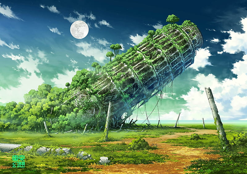 anime ruins, tower, clouds, field, moon, sky, Anime, HD wallpaper